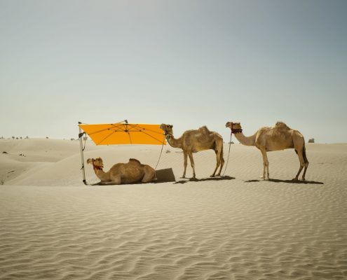 Der Glatz Sombrano S+ in orange bietet grosszügigen Schatten auch in der Wüste